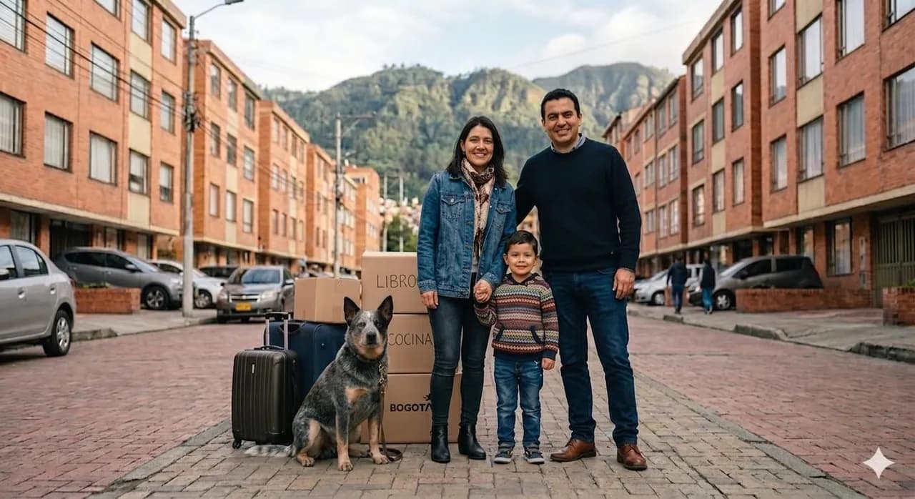Familia colombiana frente a su nueva casa