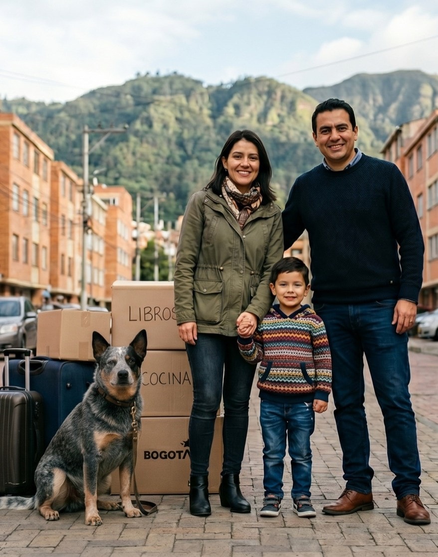 Familia colombiana frente a su nueva casa